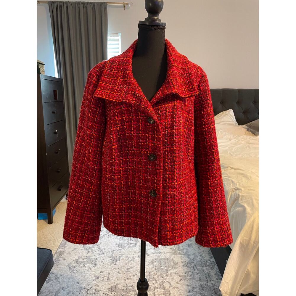 Talbots Woman Tweed Jacket 1X Red Multi Funnel Neck Wool Blend Blazer Coat - Picture 3 of 5